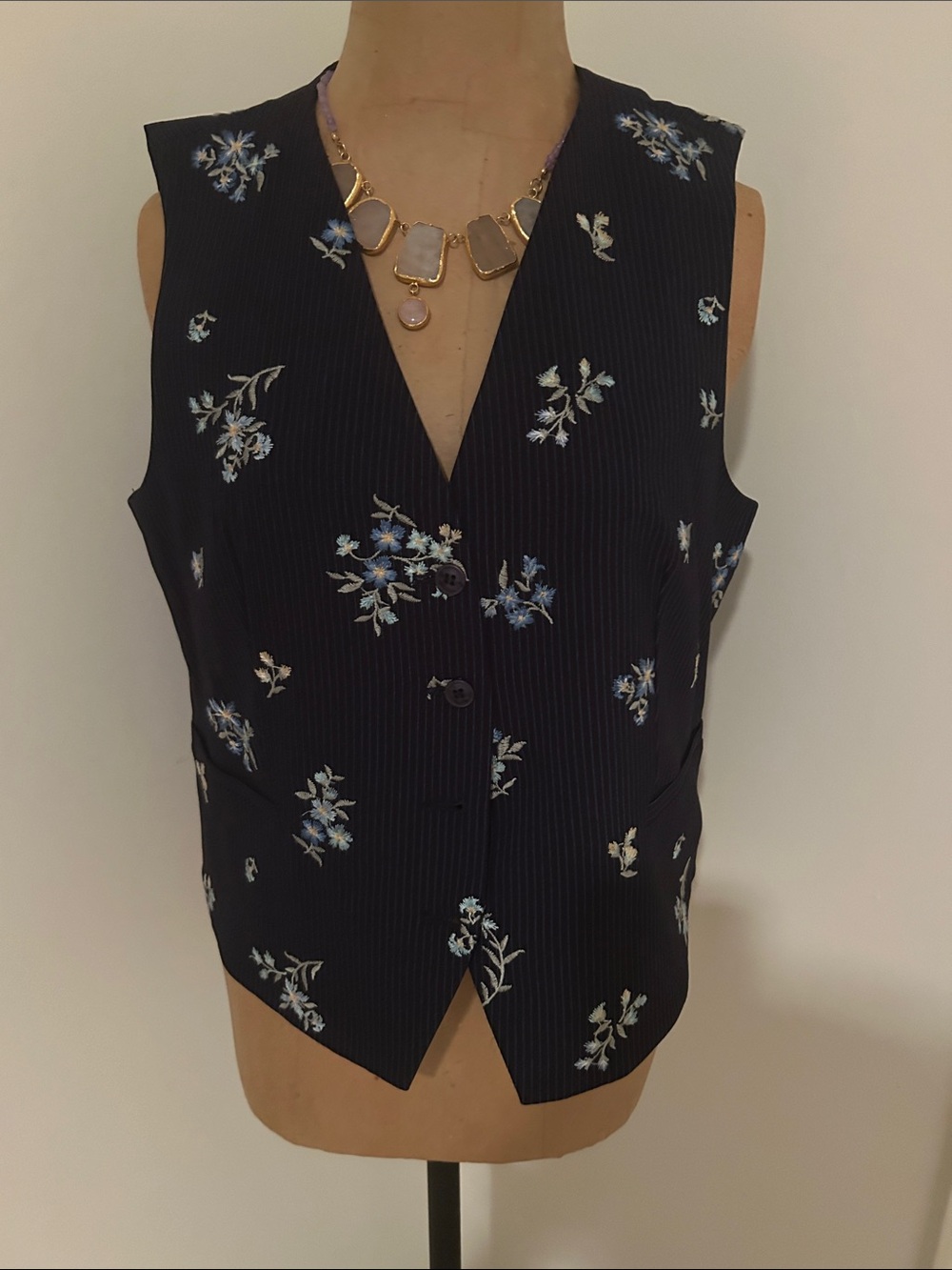 Driftwood Sleeveless Navy Floral Pinstripe Vest with Embroidered Floral